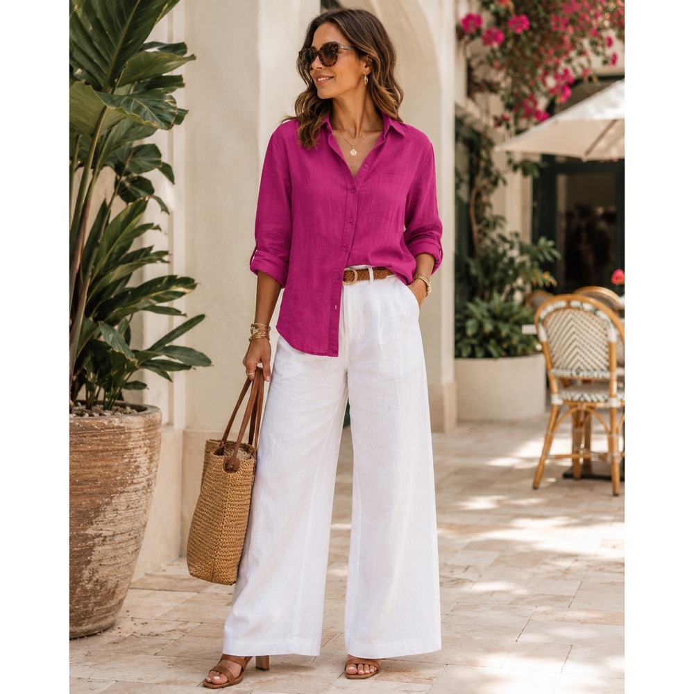 Luxury 100% Linen Coastal Button Down Shirt Magenta Pink Luxe Resort Summer Sz S